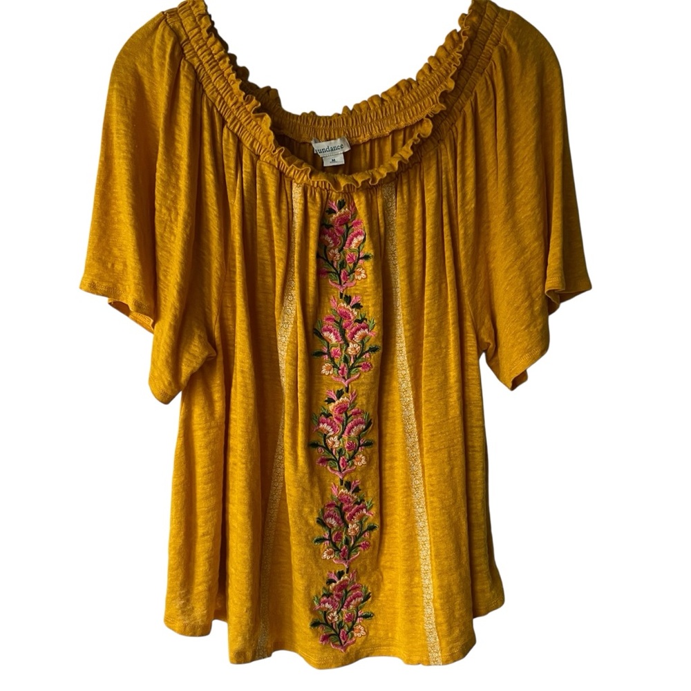 Sundance 100% Linen Yellow Floral Embroidery Dancing Garden Top Size M